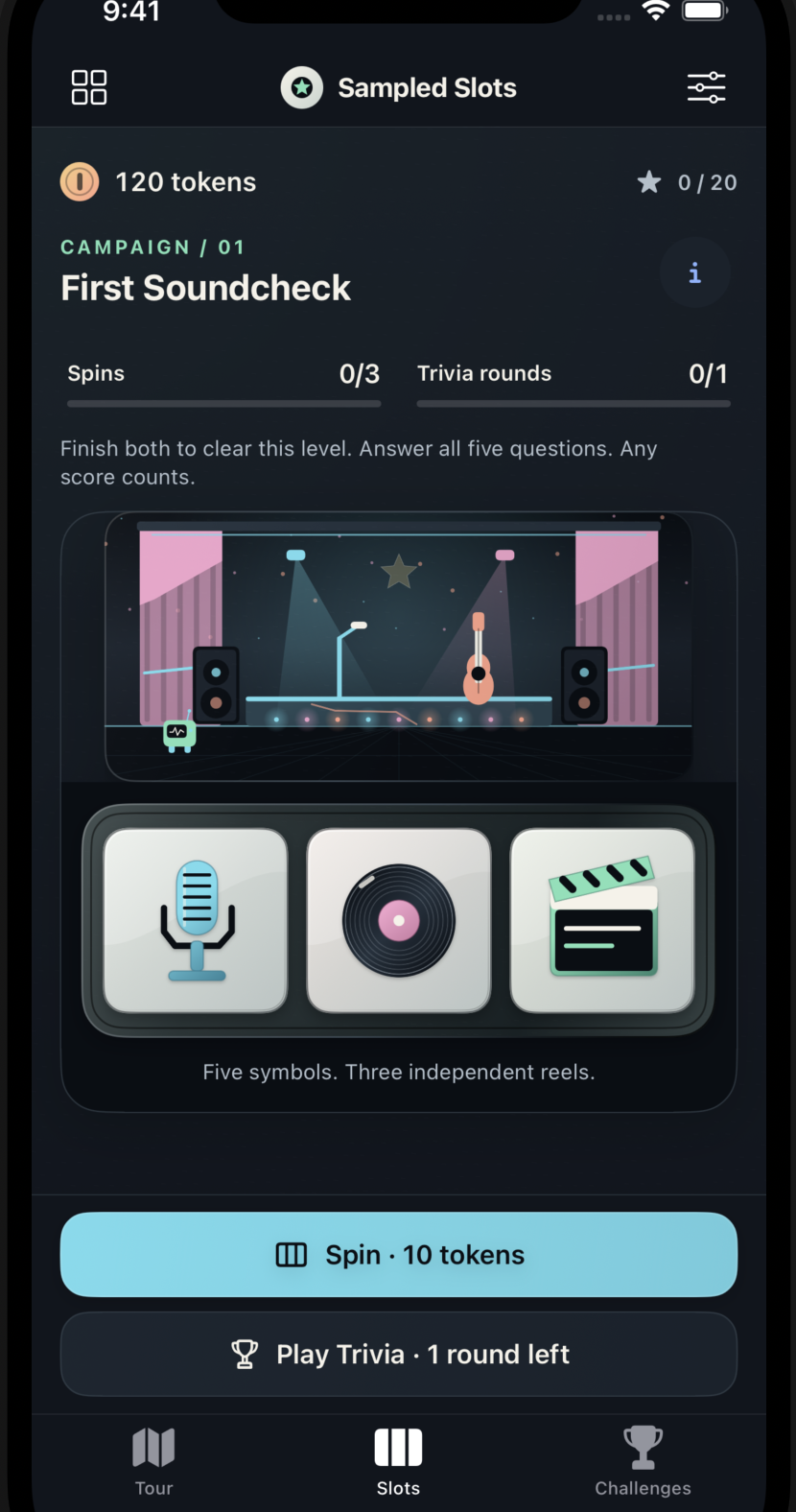 Sampled Slots First Soundcheck level with music-themed reels